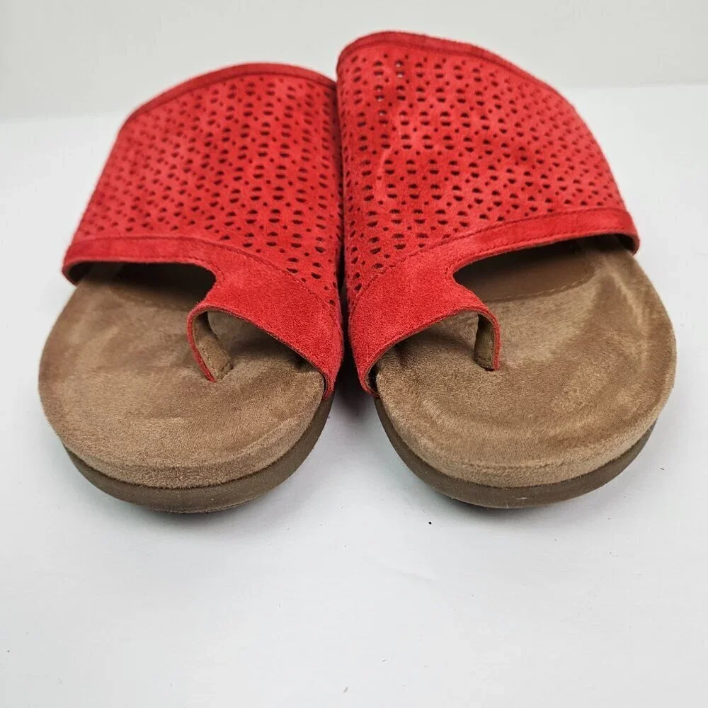 Earth Origins Pico Pearl Spicy Red Perforated Suede Toe Loop Low Wedge Sandal - Picture 5 of 13